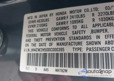 2013 Acura Tsx 2.4 from USA, damaged, VIN JH4CW2H50DC000395